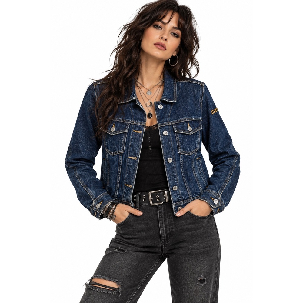 Mecca USA Womens Vintage Denim Trucker Jacket Dark Wash Streetwear Indie Y2K
